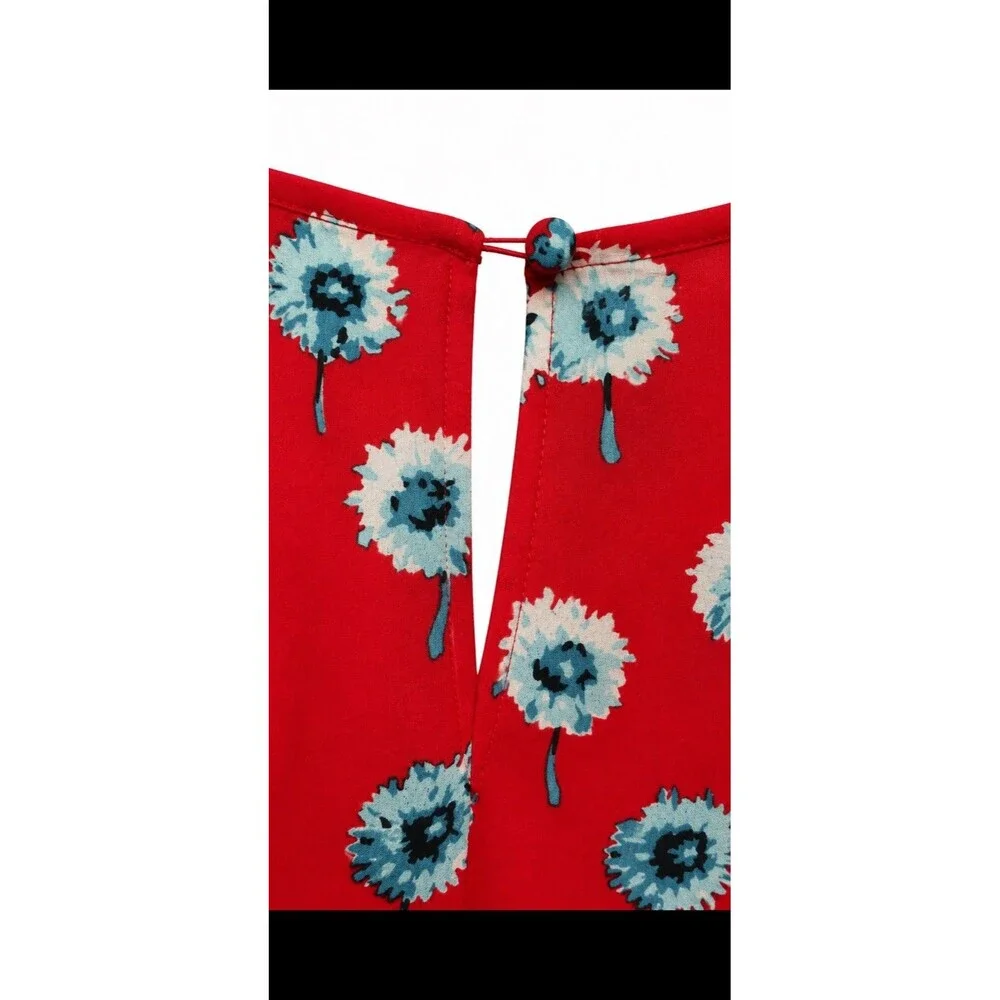 J.Crew Women’s Small Red Floral Blouse Blue Dandelion Print Puff Sleeve Top